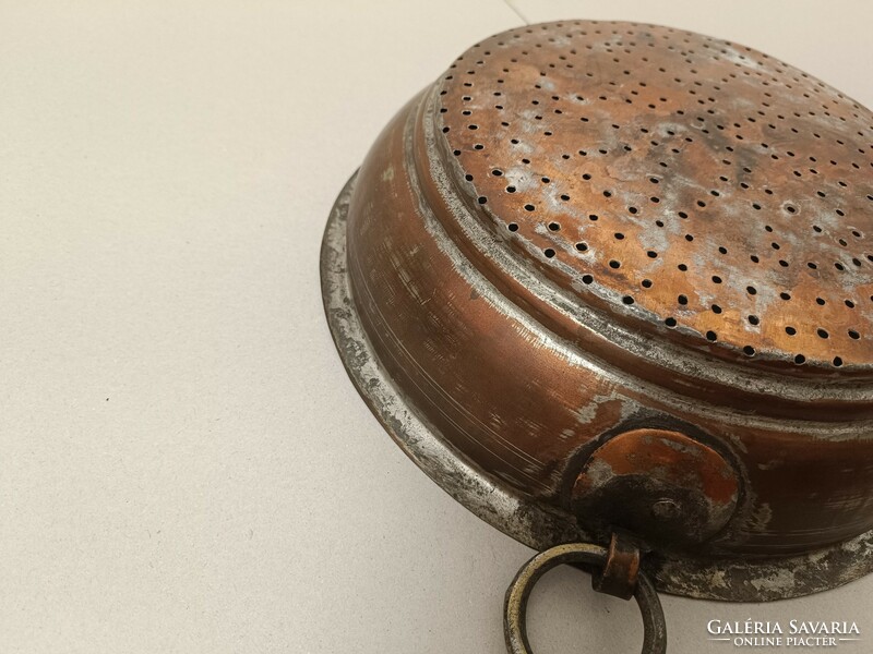 Antique kitchen tool large red copper filter with traces of tin plating 336 8059