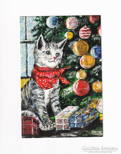 T:13 Christmas card with a kitten, post clean, can be opened