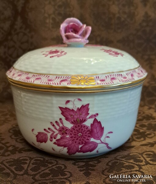 Herend purple apponyi pattern porcelain sugar bowl, bonbonnier (m4011)