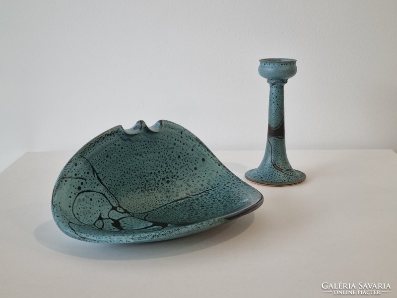 Vintage industrial art ceramic ashtray, candle holder - works of Ildíkó ceramicists from Fülöp