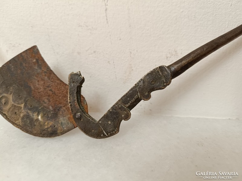 Antik konyhai eszköz kovácsoltvas díszített réz dió törő diótörő 19. század eleje muzeális 334 7996