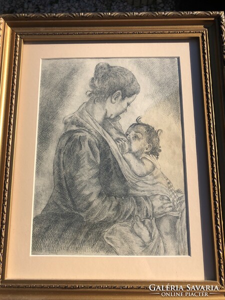 Etching mother breastfeeding her child.