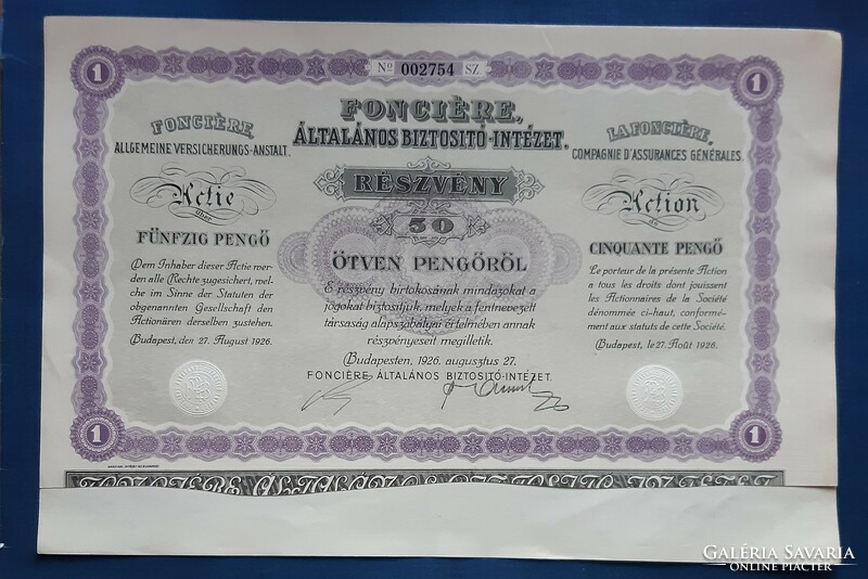 FONCIÉRE Általános Biztosító-Intézet 2 sorszámkövető részvény, 2 x 50 pengő 1926.