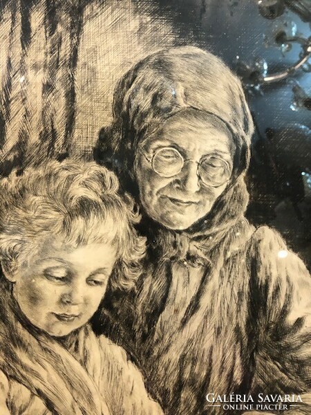 Edvi Illés Aladárné etching, grandmother with grandson, 45 x 40 cm