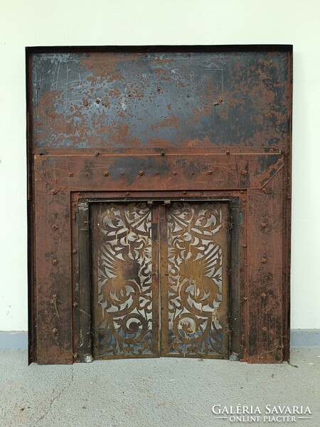 Antik vésett réz ajtós kályha kandalló keret delfti csempe berakás dísszel 444 8128