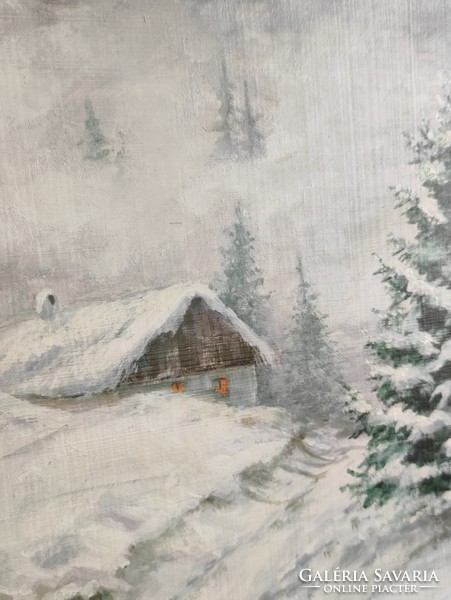 éva Klausz mysterious full moon snowy winter landscape oil in wood grain silver frame
