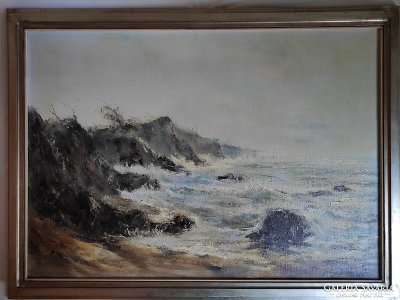 István Hunyady Atlantic beach in Saint-Palais oil on canvas in silver frame