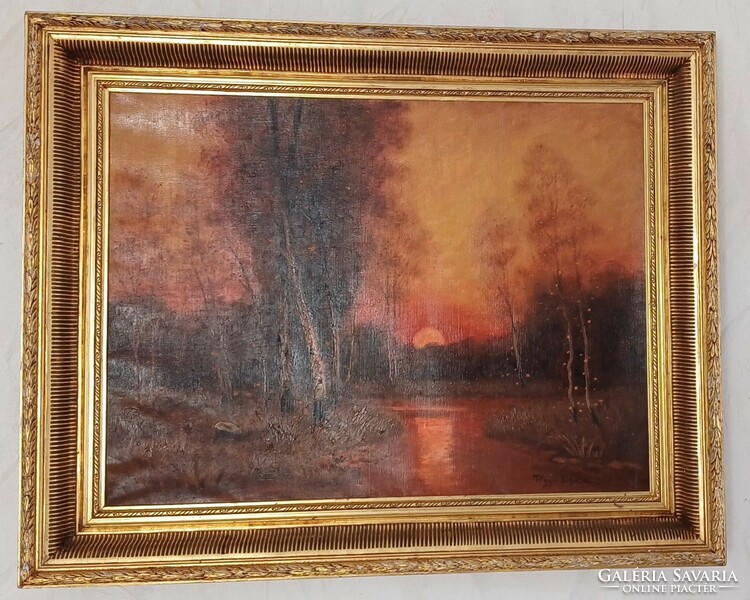 Antique beautiful oil painting, in a special windy gold frame