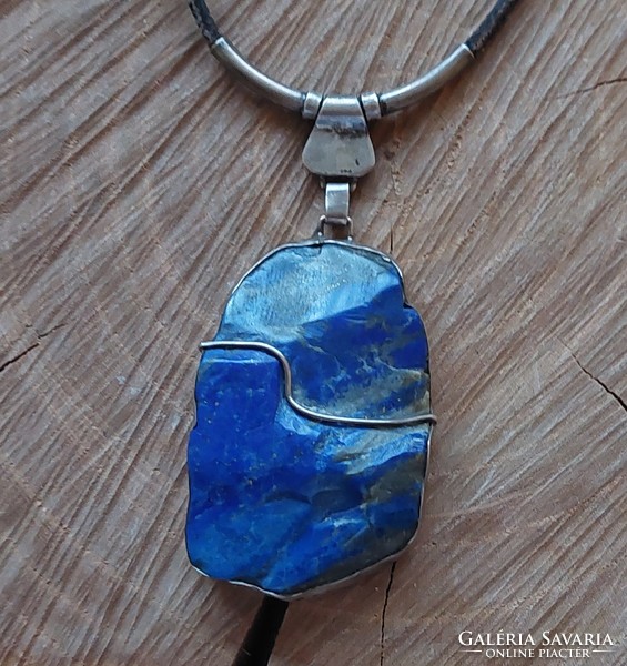Huge silver lapis lazuli pendant on a leather chain