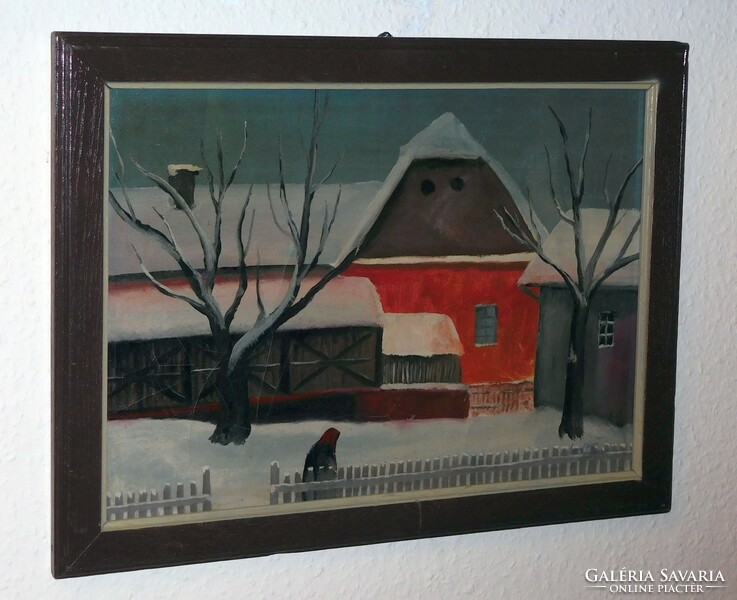 Village house in winter signed painting
