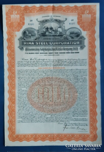 Rimamurány-Salgótarján ironworks bond, 1000 US dollars in gold coins (1.5 kg colored gold)