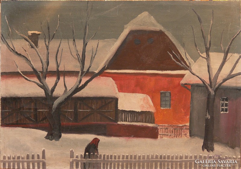 Village house in winter signed painting