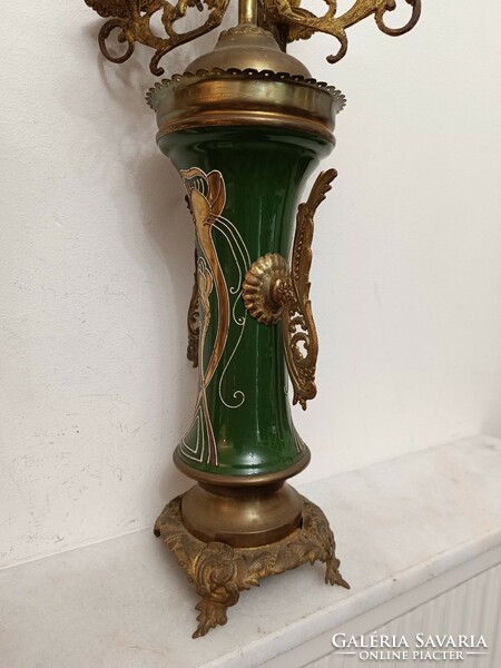 Antique Art Nouveau candle holder 2 majolica porcelain with copper fittings 361 8099