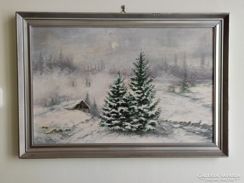 éva Klausz mysterious full moon snowy winter landscape oil in wood grain silver frame