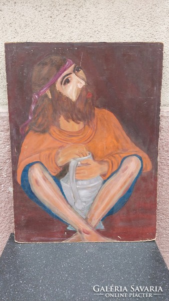 Pál Kun 1994 Ózd, street musician painting, oil on wood