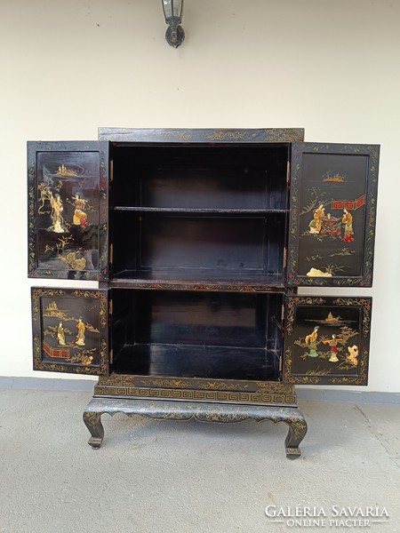 Antique Chinese furniture plant geisha bird grease stone convex inlaid painted black lacquer cabinet 449 8136