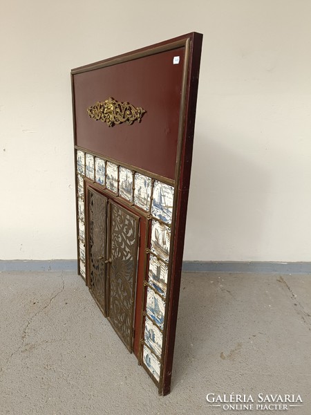 Antique engraved copper stove with door, fireplace frame, Delft tile inlay with decoration 444 8128