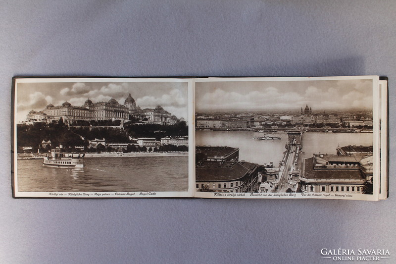 Budapest - 16 lapos leporello album, magyar, német, francia és angol nyelvű feliratozással. 1930-as