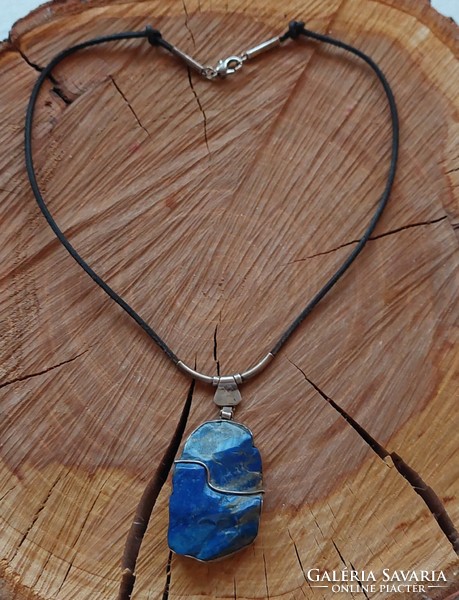 Huge silver lapis lazuli pendant on a leather chain