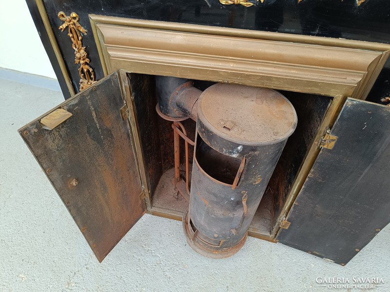 Antique classicist engraved copper stove with door, fireplace frame with applique decoration 441 8127