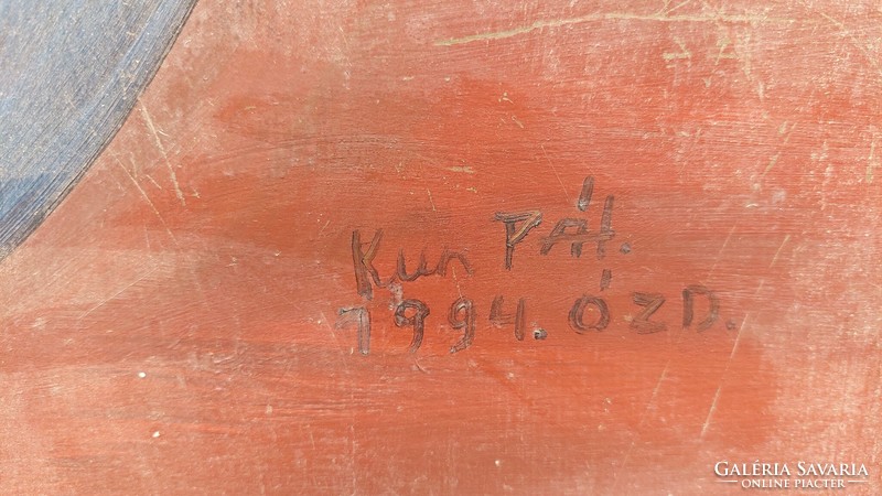 Kun Pál 1994 Ózd, utcai zenész festmény, olaj-farost