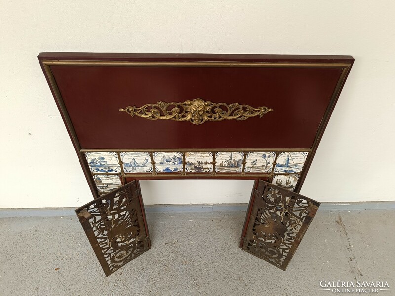 Antique engraved copper stove with door, fireplace frame, Delft tile inlay with decoration 444 8128