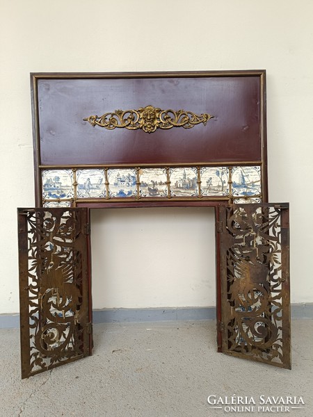 Antique engraved copper stove with door, fireplace frame, Delft tile inlay with decoration 444 8128