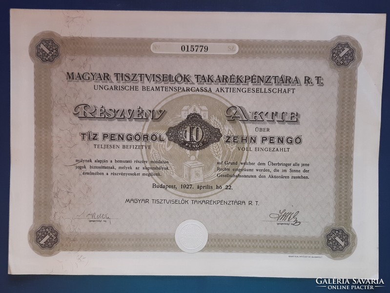 Magyar Tisztviselők Takarékpénztára Rt., részvény 10 pengő 1927.
