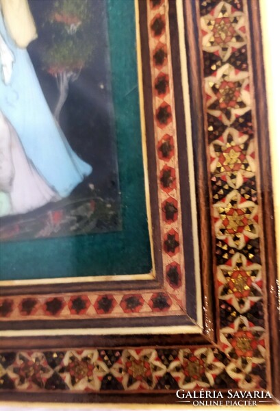 Régi, Selyemre festett kép rózsafa és csontberakàsos keretben