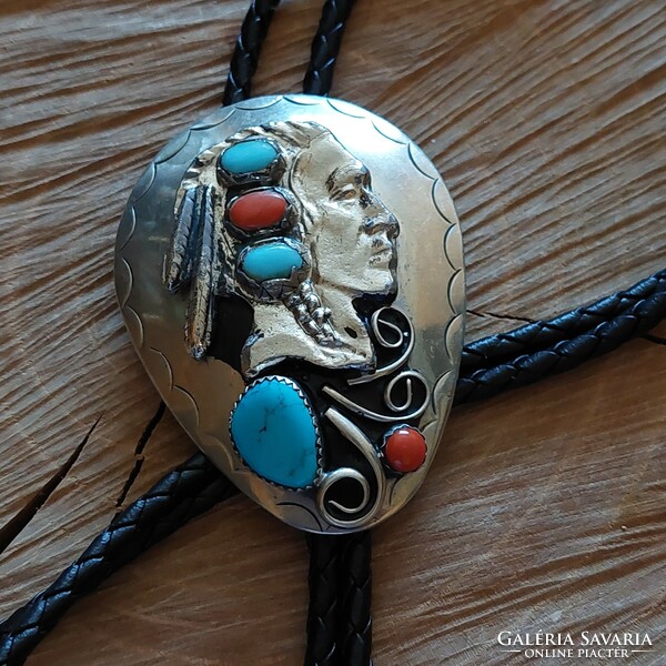 Special large Indian metal pendant, tie on leather chain, adjustable length