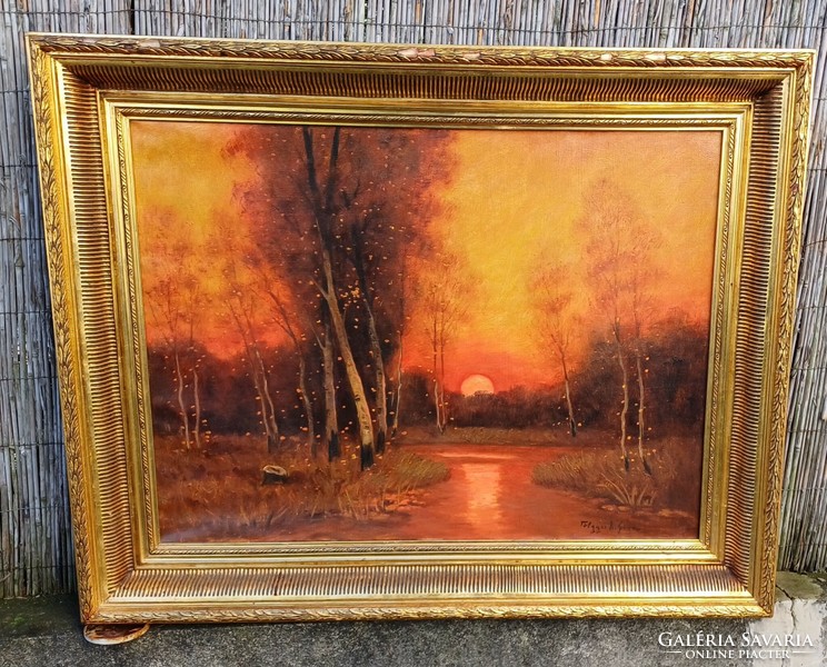 Antique beautiful oil painting, in a special windy gold frame