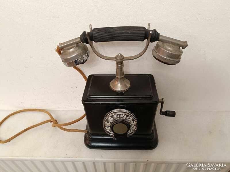 Antik telefon asztali fekete fém kurblis tárcsás készülék 1930 as évek 355 7951