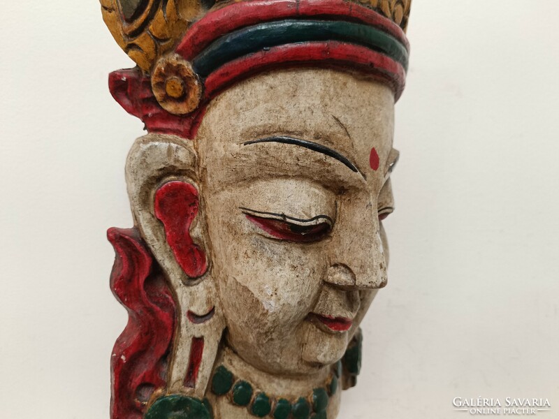 Antik buddha buddhista Guangin, kuangin patinás festett fa maszk állványzaton 368 8047