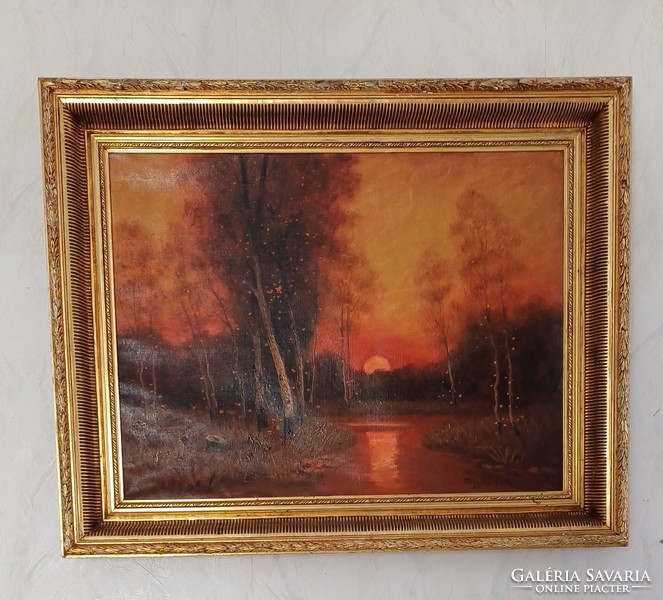 Antique beautiful oil painting, in a special windy gold frame