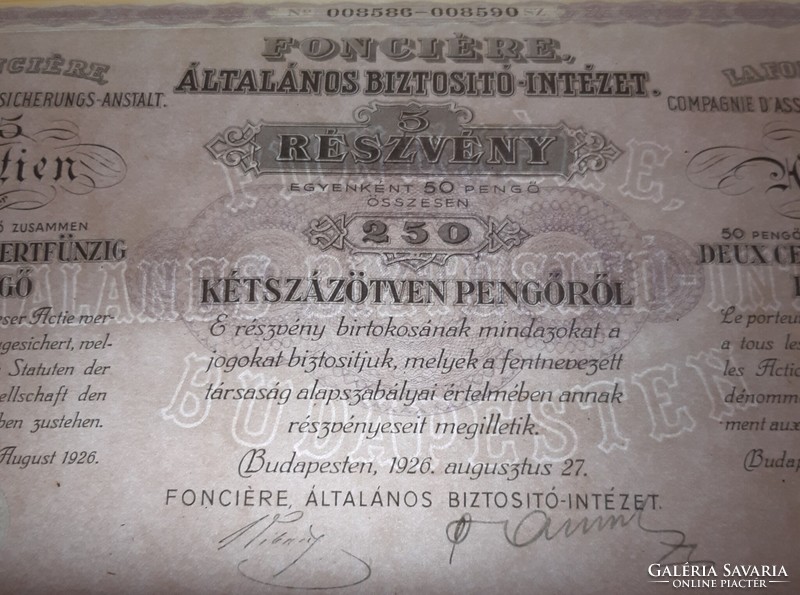 Fonciére general insurance company share, 250 pengő 1926.