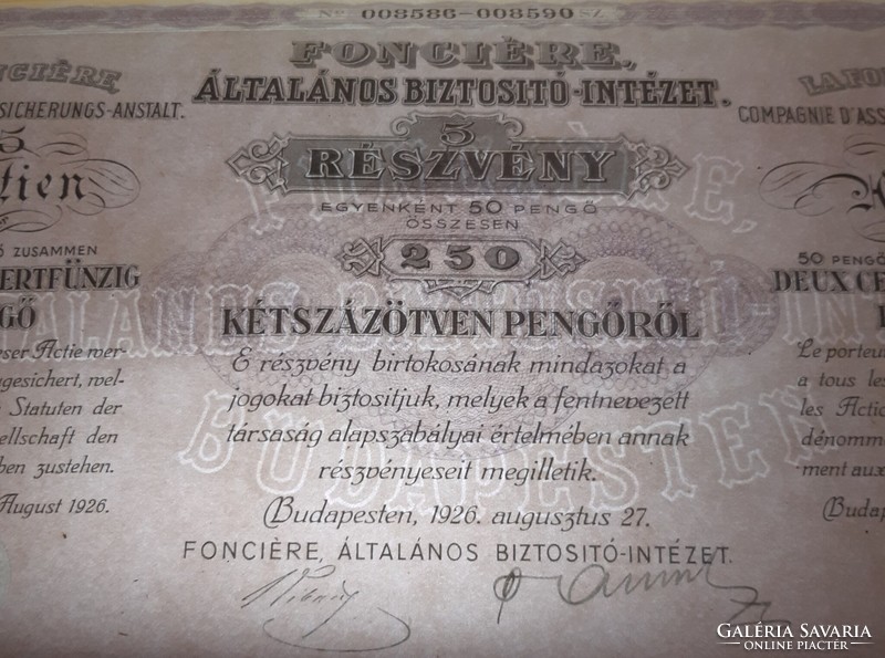 FONCIÉRE Általános Biztosító-Intézet  részvény, 250 pengő 1926.