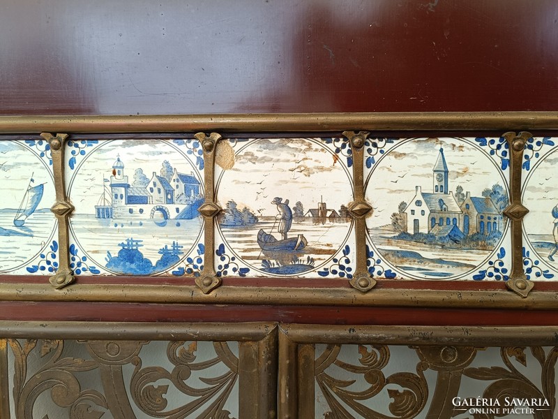 Antique engraved copper stove with door, fireplace frame, Delft tile inlay with decoration 444 8128