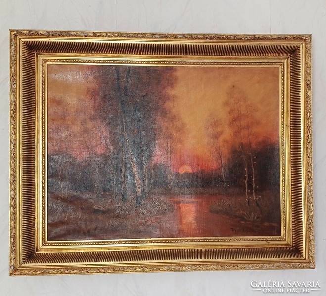 Antique beautiful oil painting, in a special windy gold frame