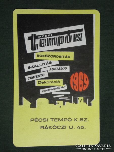 Kártyanaptár,Pécsi Tempó KTSZ,asztalos,címfestő,szállítás,grafikai rajzos, 1969 ,  (1)