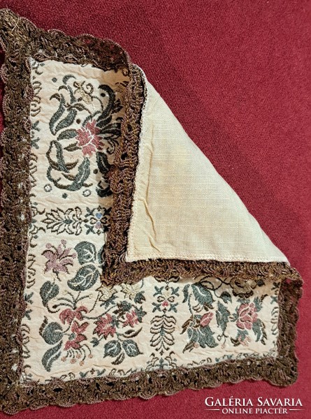 Old small tapestry tablecloth in display case (l4241)