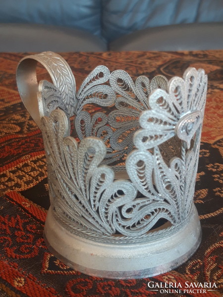 Old filigree metal basket with floral decoration, with optional glass