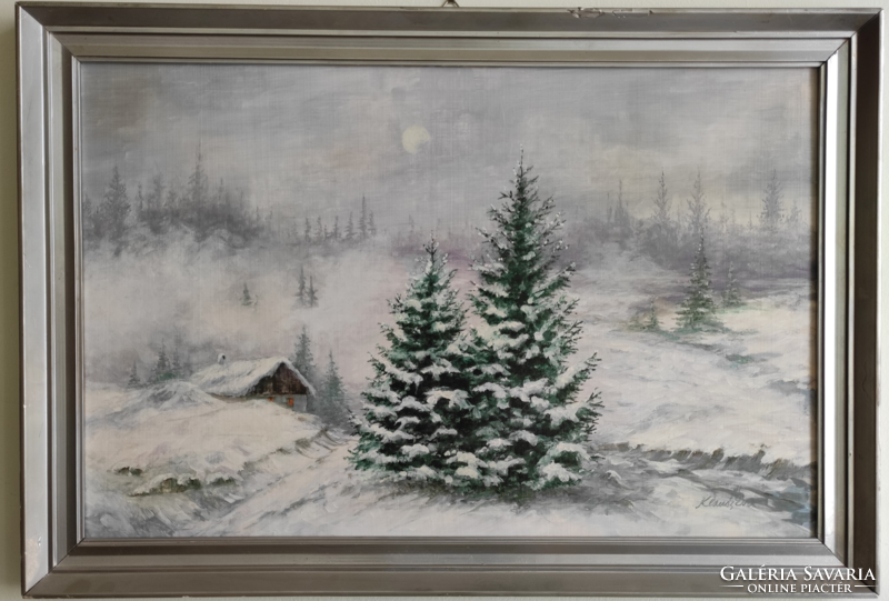 éva Klausz mysterious full moon snowy winter landscape oil in wood grain silver frame