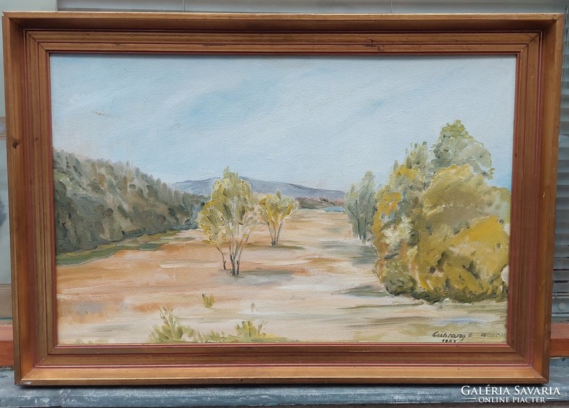 Signed, framed oil-on-wood landscape painting