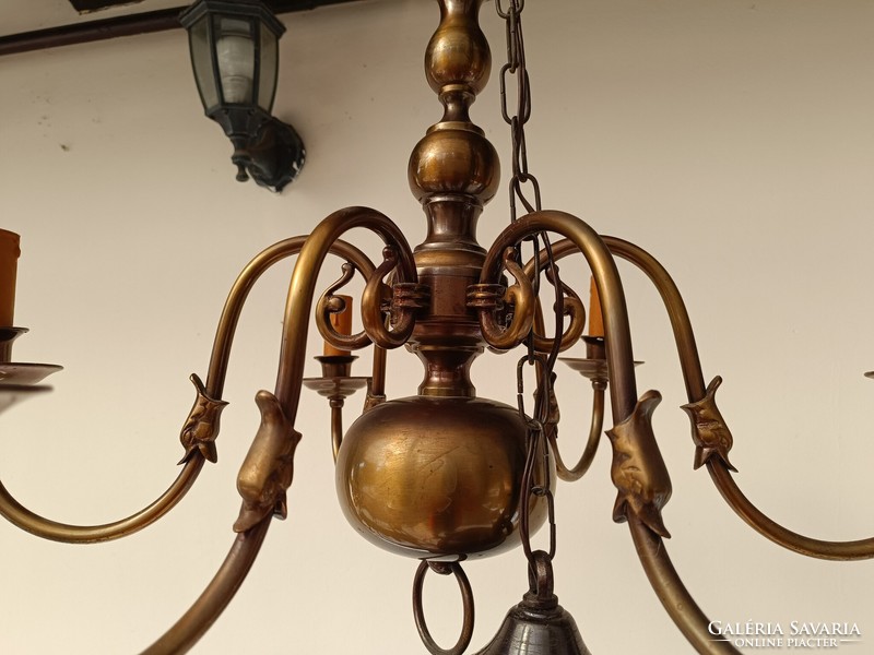 Antique 6-arm patinated copper Flemish chandelier + 6 new bulbs 447 8134