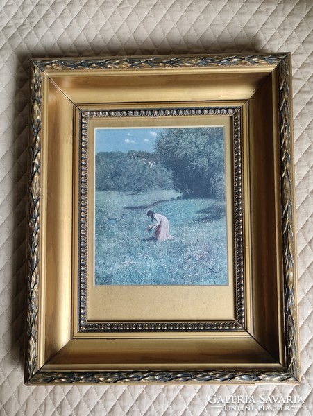 Girl Picking Flowers vintage portrait print in heavy gold frame 1964.