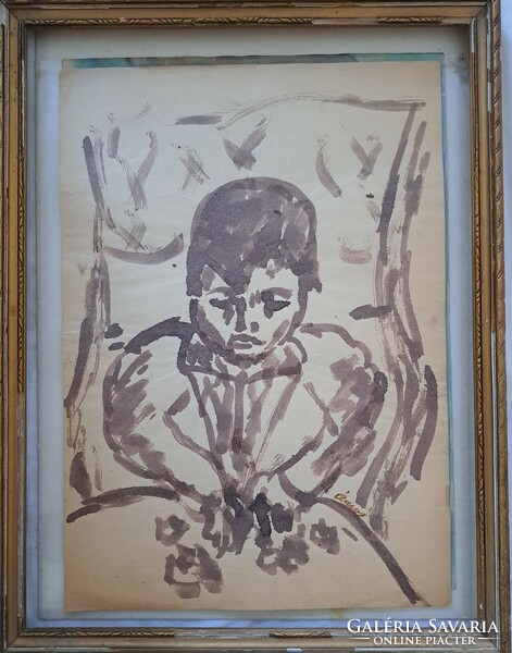 Imre Ámos: (sketch) child at the table.