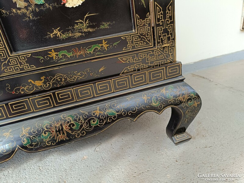 Antique Chinese furniture plant geisha bird grease stone convex inlaid painted black lacquer cabinet 449 8136