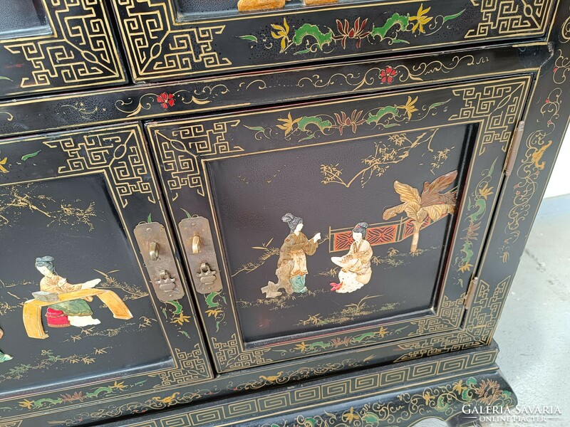 Antique Chinese furniture plant geisha bird grease stone convex inlaid painted black lacquer cabinet 449 8136