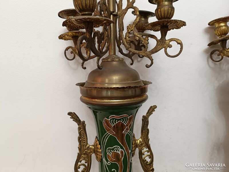 Antique Art Nouveau candle holder 2 majolica porcelain with copper fittings 361 8099