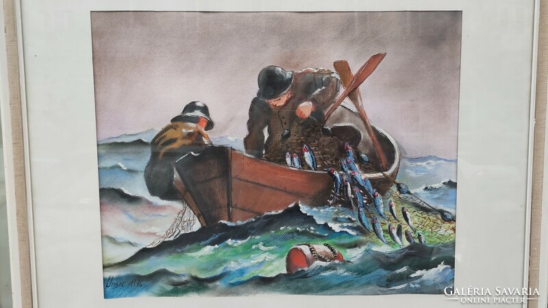 Unger 1976 jelzéssel Halászok festmény, 64x74 cm